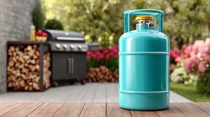 Naklejka premium The green lawn in the backyard features a gas cylinder standing on it
