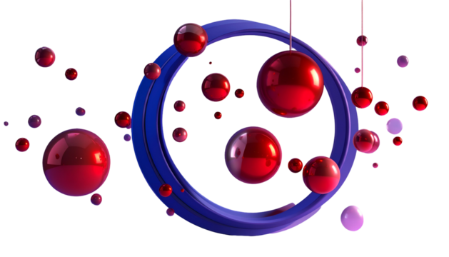 Glossy red orbs and smaller spheres float around a blue ring against a black background