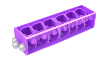 A 3D rendered, purple container with multiple compartments holding spheres and orbs