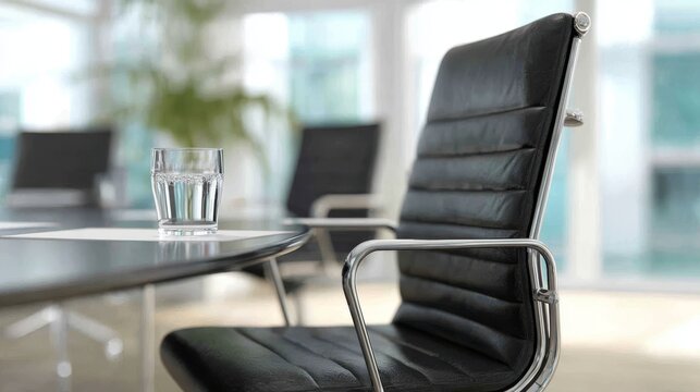 A modern chair and a water glass are situated on the desk in the office interior