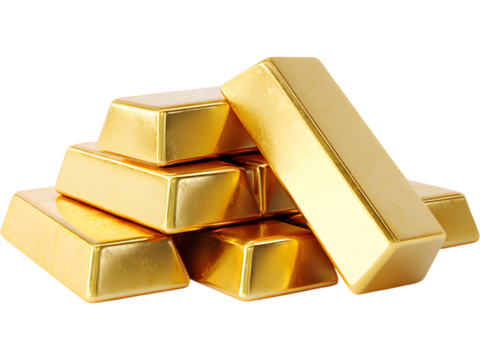 Shiny gold bars stacked together isolated on white background, symbolizing wealth, investment, and luxury.