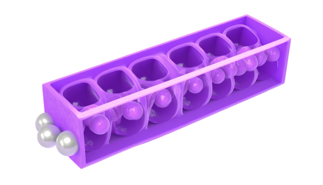 A 3D rendered, purple container with multiple compartments holding spheres and orbs