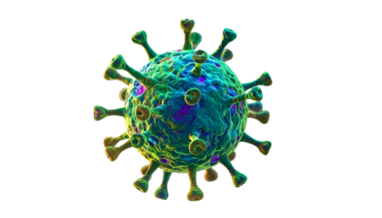 Rendered image of a virus particle, featuring spiky proteins on its surface