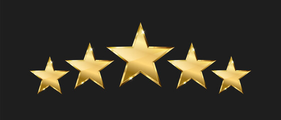 Five gold stars on dark background, Rating golden stars icons, Top quality concept, Vector illustration.
