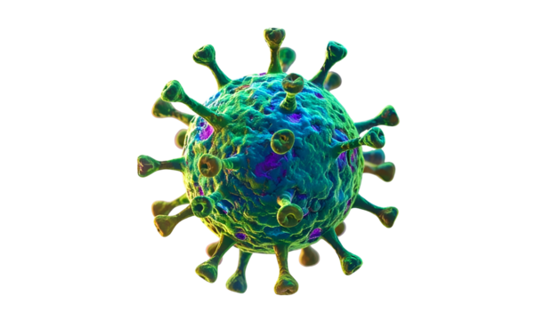 Rendered image of a virus particle, featuring spiky proteins on its surface