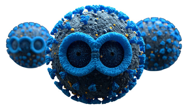 3D-rendered virus illustration with blue spikes and large blue eye-like features
