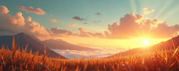 Beautiful sunbeams pierce through clouds over the mountain range and foggy valley. Field of grass on hill. Scenery of rising sun in the morning. Sunrise rays illuminate majestic mountain ridges.
