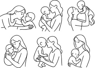 Illustration Pregnant woman silhouettes set, maternity, pregnancy, motherhood concept. Outline Infants Doodle icons drawing, Symbol Mothers with newborns Line art. Moms and Babies Love Collection