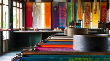Traditional dyeing machine with spinning drums inside a workshop where natural fibers are dyed in rich tones with vivid splashes of color and fabric samples neatly arranged on nearby counters