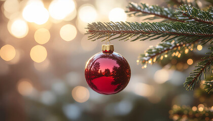 Red Christmas ornament hanging on a pine tree branch with bokeh lights.