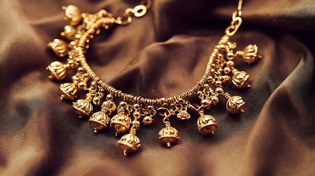 Traditional Indian anklet in gold with tiny bells beautifully arranged on a velvet fabric capturing its ornate design intricate patterns and cultural essence with rich lighting