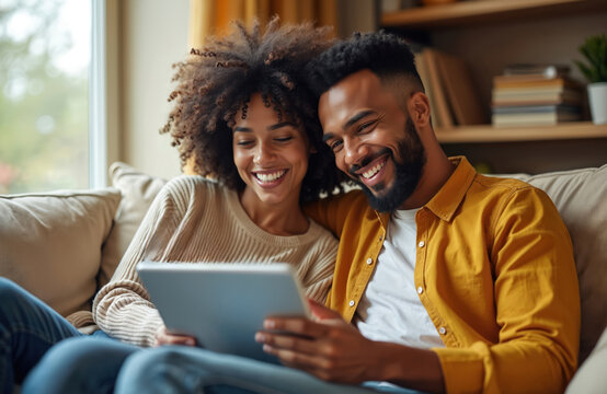 Happy young Black couple relax on couch at home. They smile, laugh, looking at a digital tablet together. Man and woman enjoy browsing online content.