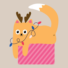 Adorable ginger kitten wrapped in a colorful garland, sitting in a gift box &ndash; festive Christmas and New Year holiday card illustration, perfect for seasonal greetings and winter celebrations.