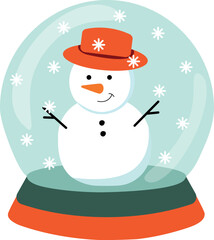 Cute snowman sitting in a gift box inside a snow globe, festive holiday card with charming hand-drawn illustration, perfect for Christmas, winter, and seasonal greetings.