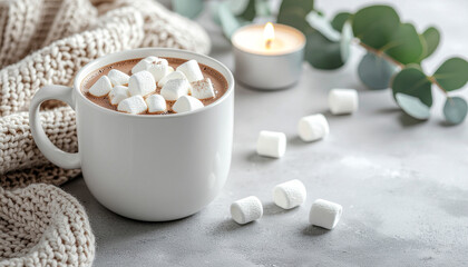 Cozy hot chocolate with marshmallows, candle, and eucalyptus branch.