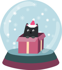 Cute kitten sitting in a gift box inside a snow globe, festive holiday card with adorable hand-drawn illustration, perfect for Christmas, winter, and seasonal greetings.