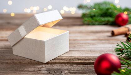 Open gift box with light shining out, Christmas decorations.