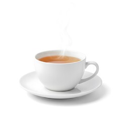 Fototapeta premium Close Up of White Cup of Hot Tea with Steam on Saucer Against White Background beverage