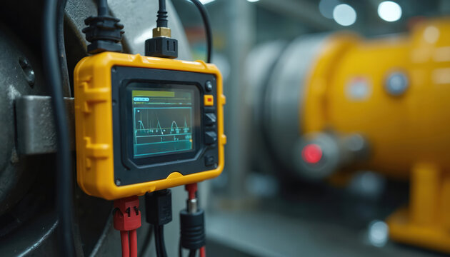 Sensor device monitors industrial machine for vibration and heat. Yellow gadget connects via cables, shows data graph on screen. Predictive maintenance tech for factory equipment analysis.