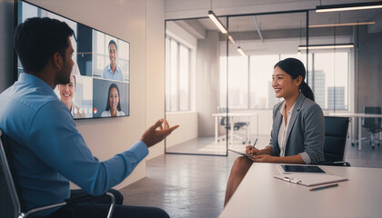 Two professional adults (man and woman of different ethnicities) having a focused video conference on a large screen in a bright corporate office, modern architecture background, conveying communicati