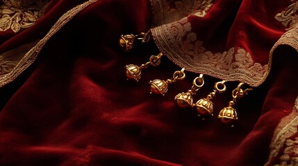 Traditional Indian anklet in gold with tiny bells beautifully arranged on a velvet fabric capturing its ornate design intricate patterns and cultural essence with rich lighting