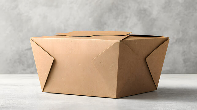Brown cardboard takeout container on a white surface against a
