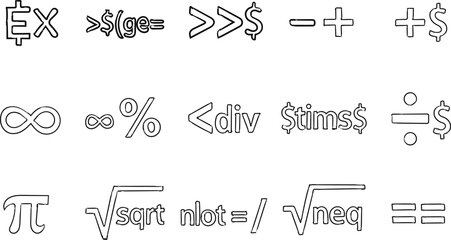 Doodle style mathematical symbols featuring pi infinity square root and various operators for educational resources or creative projects