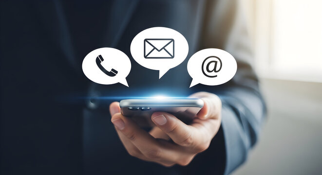 Person holding a smartphone with contact icons above it, symbolizing communication methods