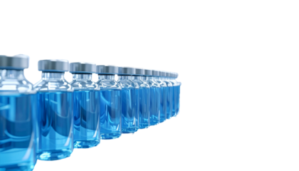 Row of small clear glass vials with metallic caps, filled with blue liquid, on black background