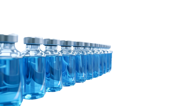 Row of small clear glass vials with metallic caps, filled with blue liquid, on black background