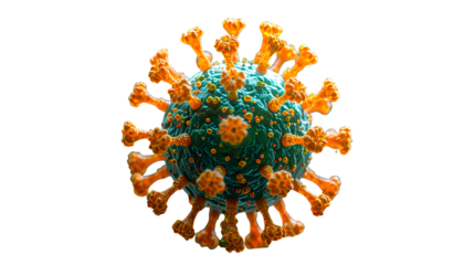 Microscopic illustration of a virus with a green core and orange spikes, isolated on black
