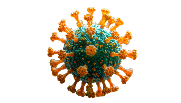 Microscopic illustration of a virus with a green core and orange spikes, isolated on black