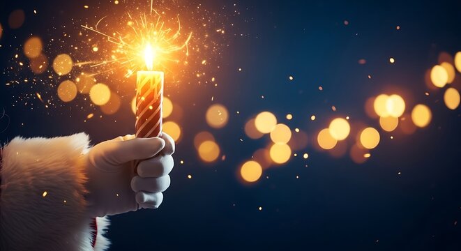Hand holding a lit sparkler with glowing bokeh lights in the background celebrating a special occasion