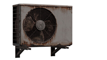 A weathered outdoor air conditioner shows heavy rust along the edges, a large circular fan grille, and sturdy mounting brackets. This industrial, aged equipment evokes heat, maintenance needs.