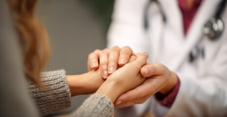 Doctor and patient holding hands in a supportive gesture