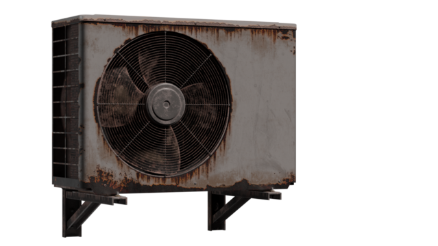 A weathered outdoor air conditioner shows heavy rust along the edges, a large circular fan grille, and sturdy mounting brackets. This industrial, aged equipment evokes heat, maintenance needs.