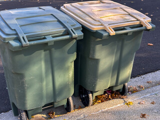 Trash and recycling bins at the end of a driveway waiting for pick up 