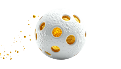 A white sphere with golden holes and particles, against black, suggesting motion and texture