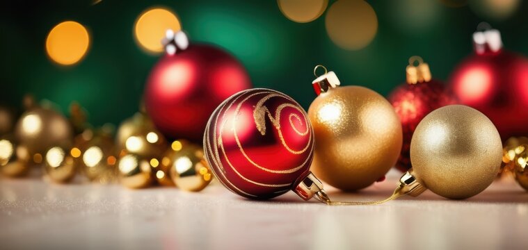 christmas ornaments arranged festive display blurred green bokeh lights banner space concept of holiday retail events - Powered by Adobe