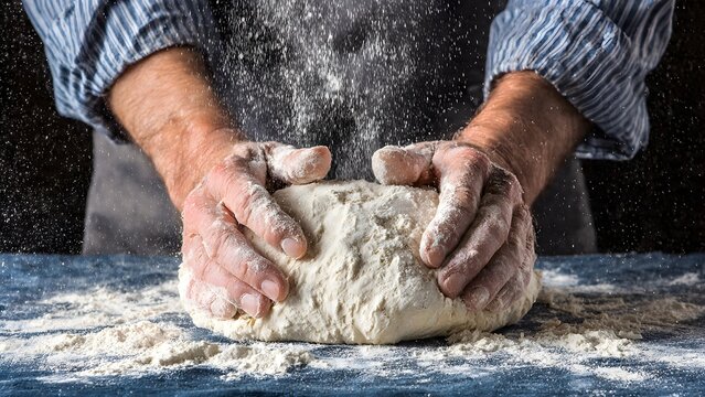 Rustic close-up of a man's hands kneading fresh white bread dough on a dark kitchen table. Flour dust scatters in the air, highlighting the homemade baking process and culinary craft. - Powered by Adobe