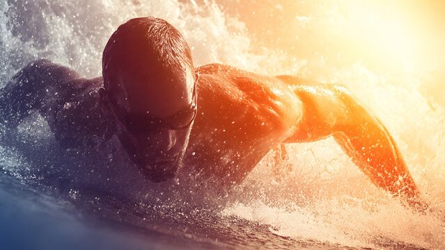 An energetic fit athlete performs a powerful swimming stroke, backlit by a brilliant sun flare and dynamic water splash, illustrating motion, strength, and achievement.