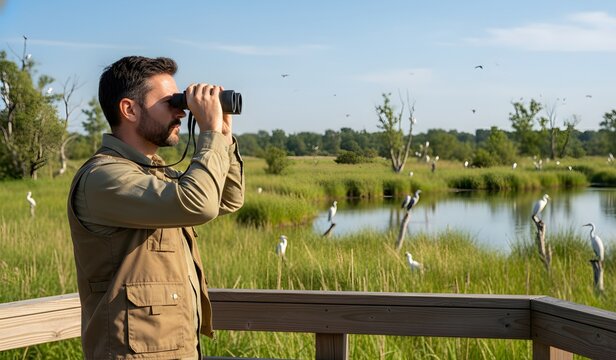 A man in a safari vest looks through binoculars, observing white egrets and other wildlife in a sunny vibrant wetland reserve, symbolizing nature exploration and ecology.