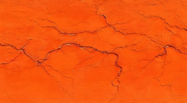 Vibrant orange or terracotta surface with a pronounced network of cracks and fissures, creating a rough, distressed texture suitable for abstract, background, or graphic design elements. - Powered by Adobe