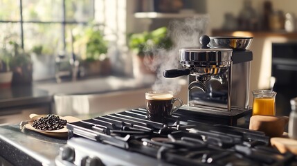 Traditional Italian espresso maker on a gas stove steaming with rich aroma in a homey kitchen setting with natural lighting coffee beans and a mug ready for pouring