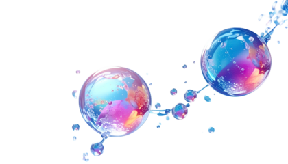 Two large clear spheres linked by smaller ones, with water effects and a colorful interior