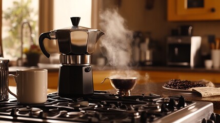 Traditional Italian espresso maker on a gas stove steaming with rich aroma in a homey kitchen setting with natural lighting coffee beans and a mug ready for pouring