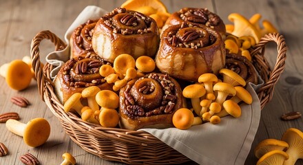 Delicious Cinnamon Rolls and Fresh Chanterelle Mushrooms in a Woven Basket.