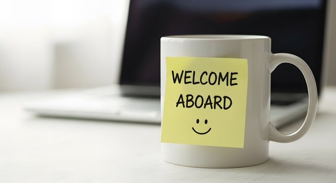 Bright welcome aboard note with smiley face on coffee mug beside laptop in modern office setting, creating a warm and inviting atmosphere for new team members.