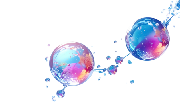 Two large clear spheres linked by smaller ones, with water effects and a colorful interior