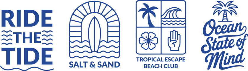 Vector graphic set with a tropical surf and sun theme illustrations. Including phrases such as "Ride the Tide", "Salt & Sand", "Tropical Escape Beach Club", and "Ocean State Of Mind". Ideal for t-shir